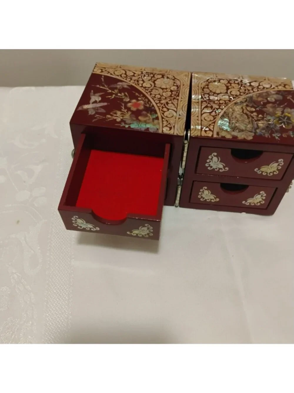 Vintage Korean Mother of Pearl Jewelry Box Red Lacquerware Folding 4 Drawer